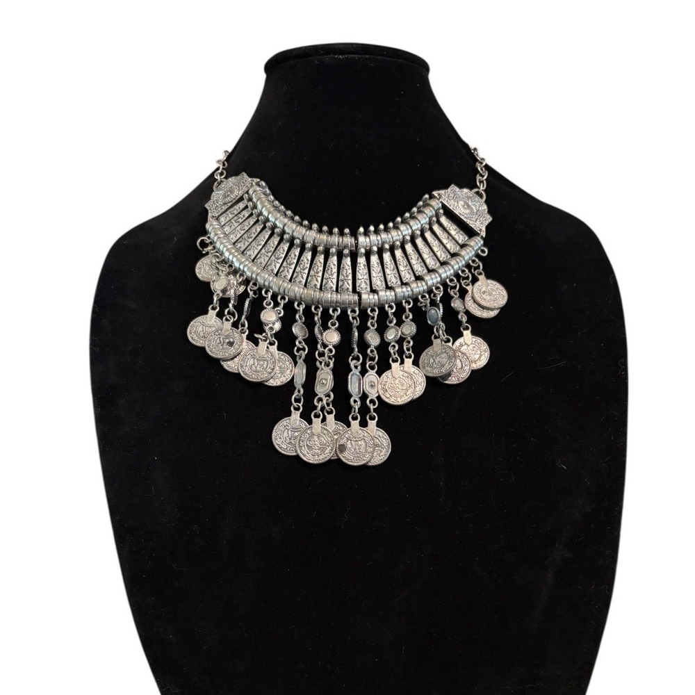 Bohemian Tribal Style Statement Bib Necklace Silver Tone Arabic Coin Accents